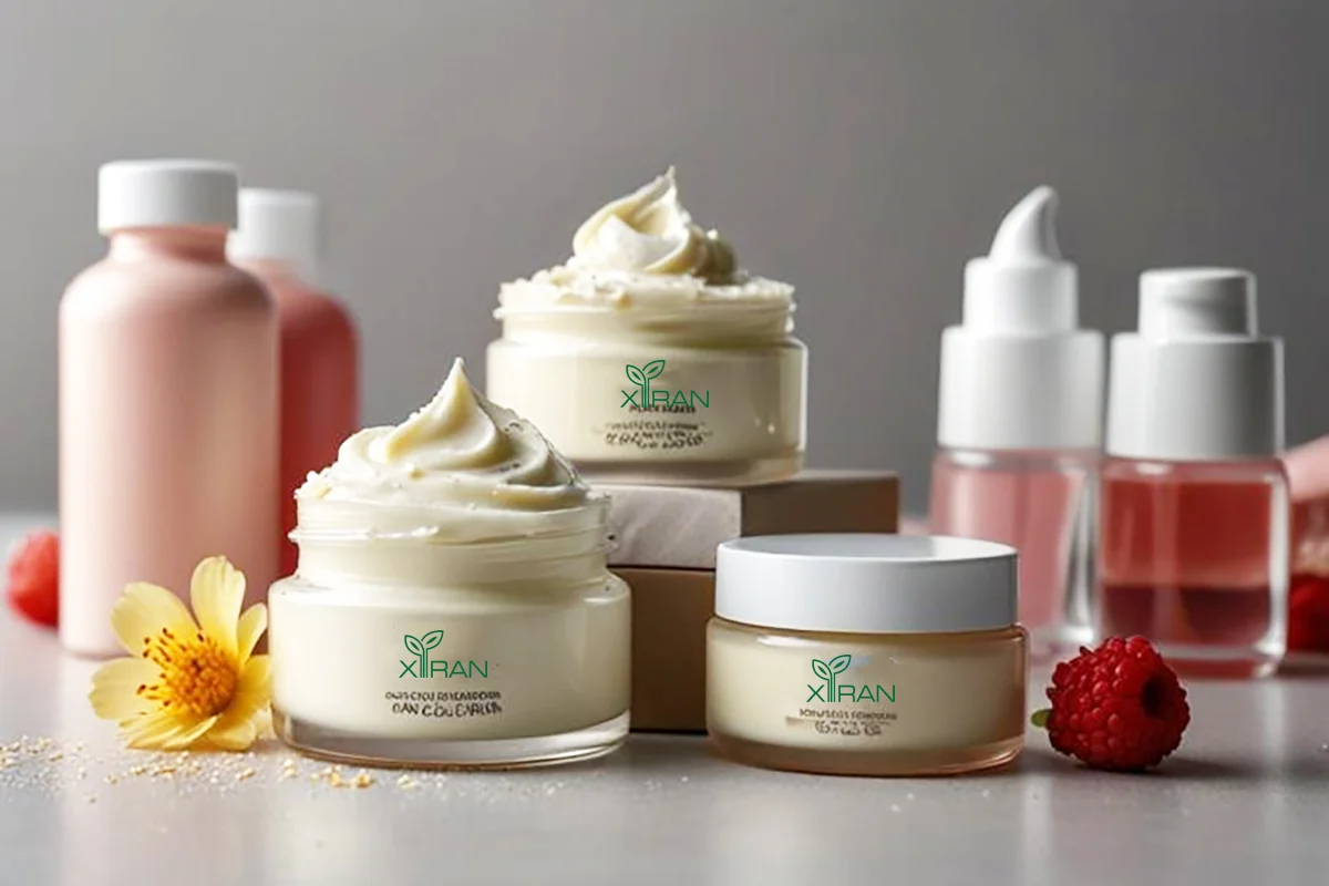 Three jars of cream branded Xiran, surrounded by raspberries, a flower, and additional skincare bottles on a neutral background.